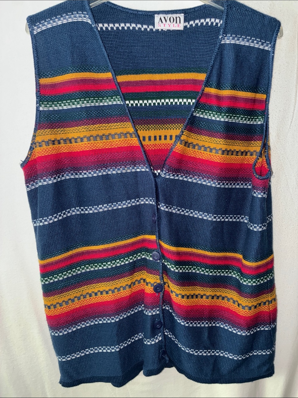 Avon Style Navy Multicolor Striped Knit Vest